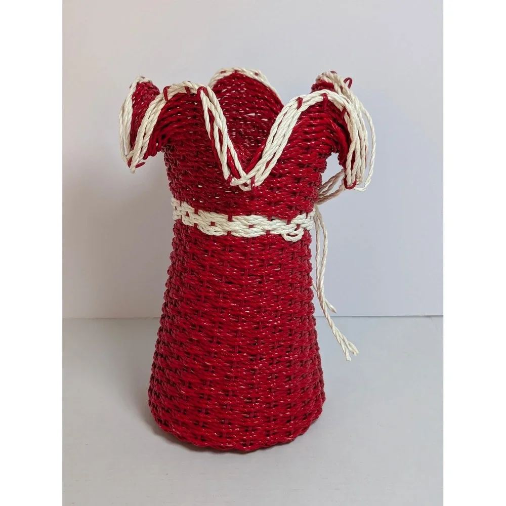 Vintage Red Wicker Basket Flower Vase Holder White Ruffled Top Bow Made in Korea